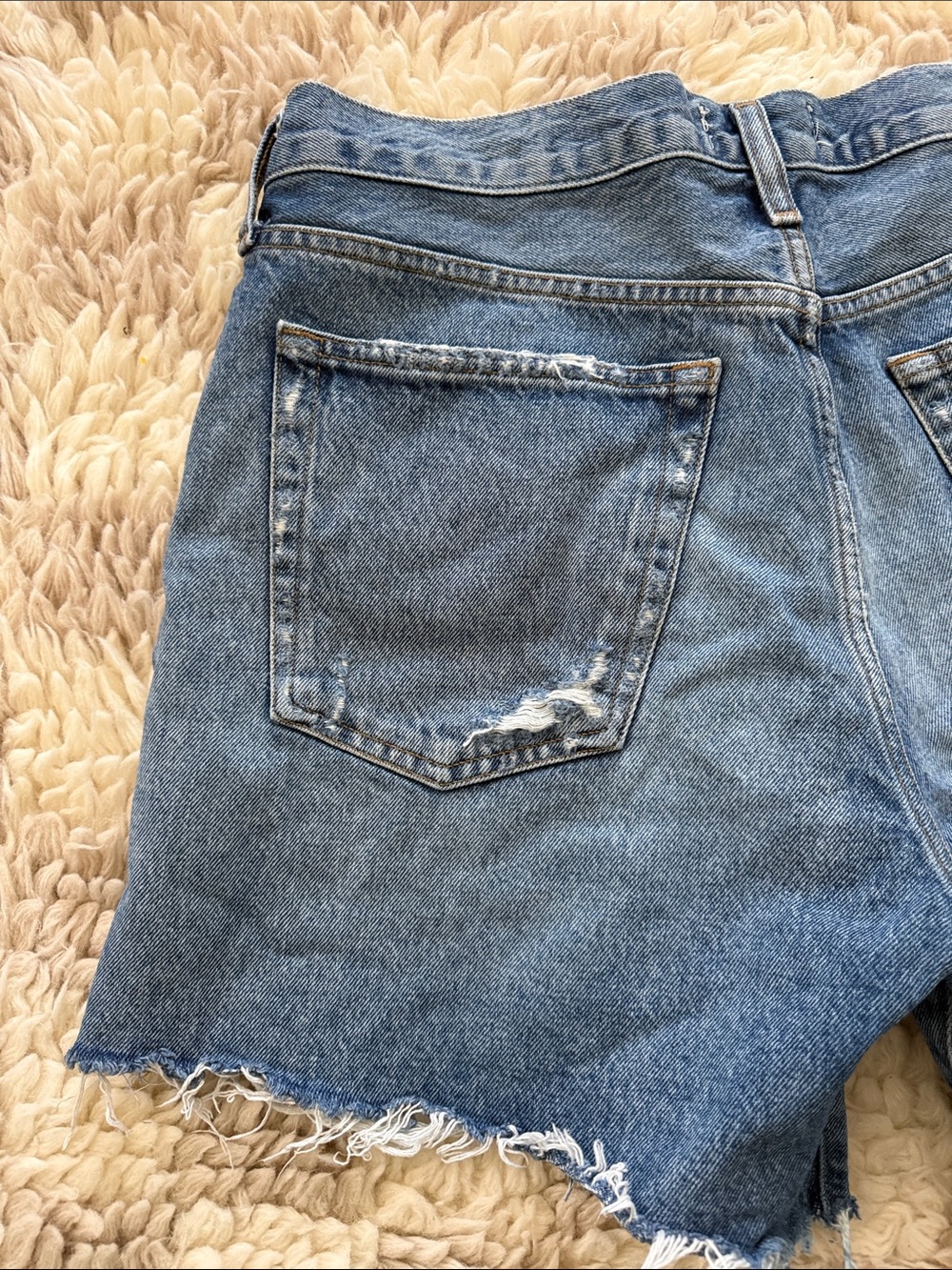 Agolde parker long Medium Blue Distressed High-Rise Denim Shorts - Picture 4 of 6